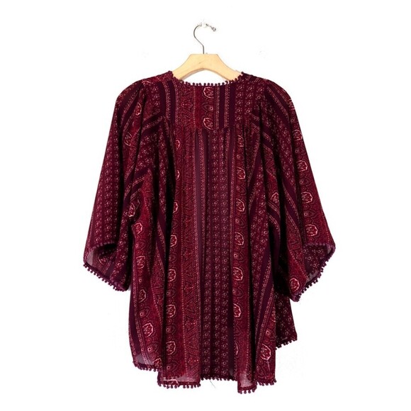 URBAN OUTFITTERS Ecote Boho Pom Pom Chiffon Kimono Cover up Boho Burgundy Red XS - Picture 6 of 8
